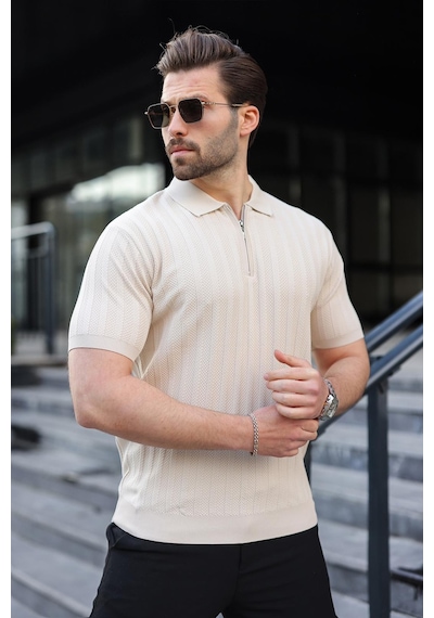 Madmext Taş Rengi Yarım Fermuarlı Polo Yaka Erkek Kazak E7458 Taş Rengi