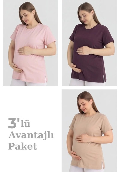 Carlburn Özel Üretim Pamuklu Kısa Kollu Hamile Tişört 3'lü Paket Günlük Pratik Aktivite Pembe Mürdüm Bej