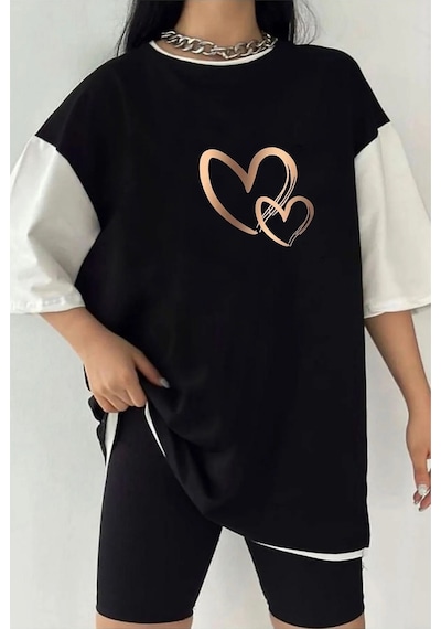 Startmore Çift Renk Kalpler 2 Baskılı Unisex Tshirt Beyaz