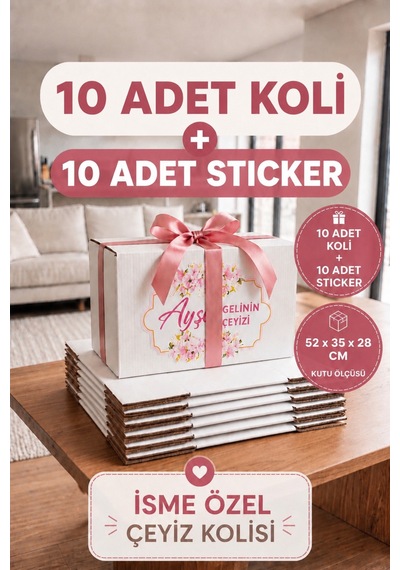 Kişiye Özel Çeyiz Kolisi Seti 52x35x28 Cm 10 Adet Beyaz Bc Dalga Koli + 10 Adet İsimli Sticker Diğer
