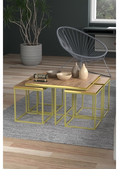 5'li Ceviz Desenli Ve Gold Metal Ayaklı Sehpa Seti Ceviz - Altın