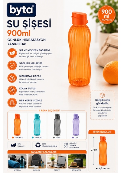 900 Ml Sızdırmaz Su Şişesi Matara Bpa İçermez Ergonomik Tasarım Spor Okul Ofis Seyahat Turuncu