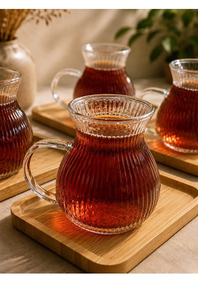 Morponi 6 Lı Cam Çay Ve Kahve Fincanı Bambu Altlıklı Sunum Seti 150 Ml Şeffaf Cam