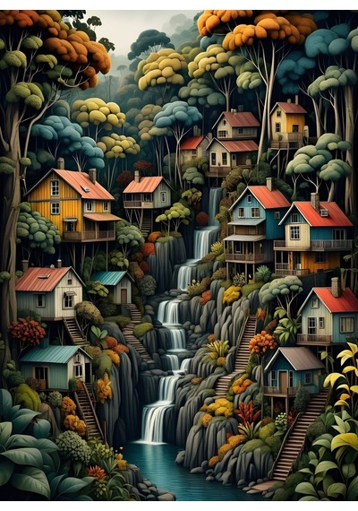 Nova Puzzle 1000 Parça Ağaçların Gölgesindeki Huzur Puzzle - Ağaçlar Arasındaki Evler