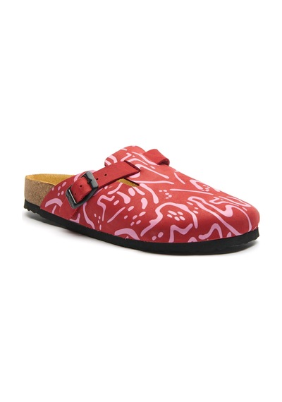 Comfortfusse Capri-pr - Kadın Ortopedik Deri Sabo Terlik Kırmızı-pembe Nubuk Deri