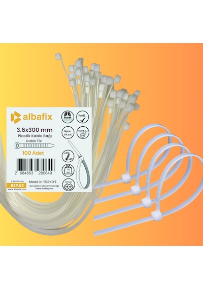 3.6x300 Mm Beyaz Plastik Kablo Bağı Klipsi Cırt Kelepçe 100 Lü Paket 3.6 X 300mm- Beyaz