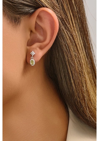 Oval Kristal Taşlı Minimal Beyaz Altın Kaplama Küpe Beyaz