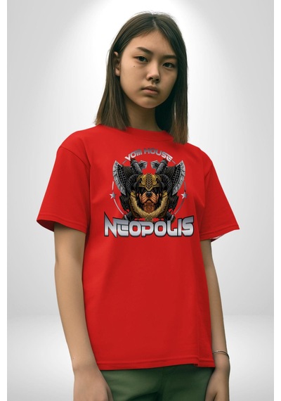 Neopolis Rottweiler Viking Pamuklu Bisiklet Yaka Unisex Oversize Boyfriend Dijital Baskılı Kırmızı T-shirt Kırmızı
