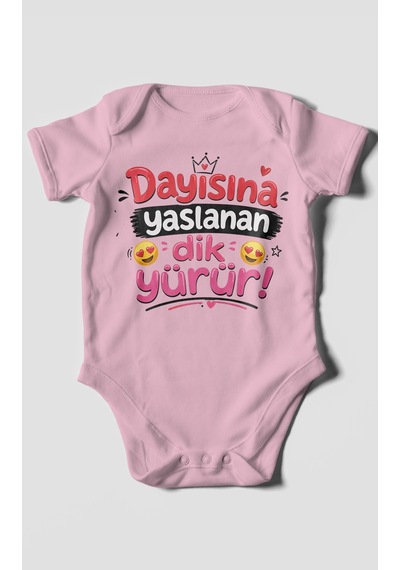 Morivokids Dayısına Yaslanan Dik Yürür Kısa Kollu Bebek Body %100 Pamuk Zbn255-kk Koyu Pembe