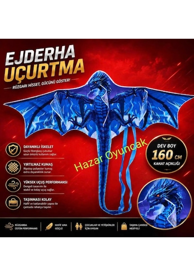 Mavi Ejderha Dragon Oyuncak Uçurtma Büyük Uçan Ejderha 1.55x1.82cm Kite