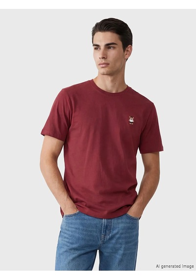 Lc Waikiki Bordo Bisiklet Yaka Ayı Teddy Nakışlı Erkek Tişört