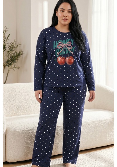 Siyah İnci Pamuklu Likralı Büyük Beden Battal Boy Örme Pijama Takım 26240875 Lacivert