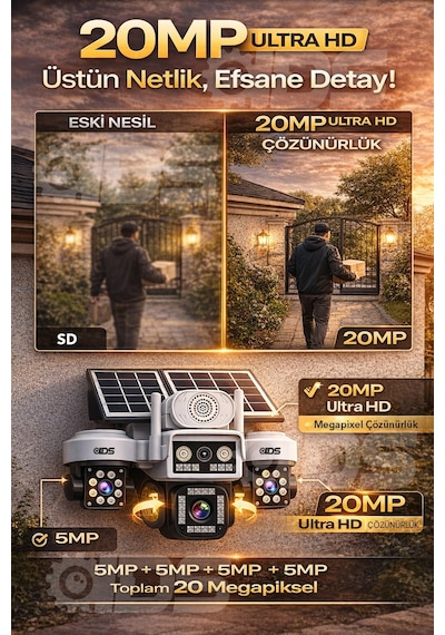 3 Otomatik 20mp 4 Kamera Solar 4g Güneş Enerjili Güvenlik Kamerası 128gb Sd Kart Ve 20gb İnternet