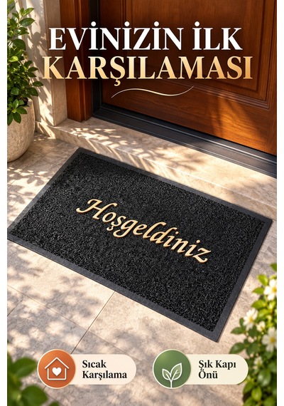 Siyah 40x60 Cm Hoşgeldiniz Yazılı Kapı Önü Paspası Kıvırcık Dokulu Altın Yazılı Dekoratif Ev Paspası