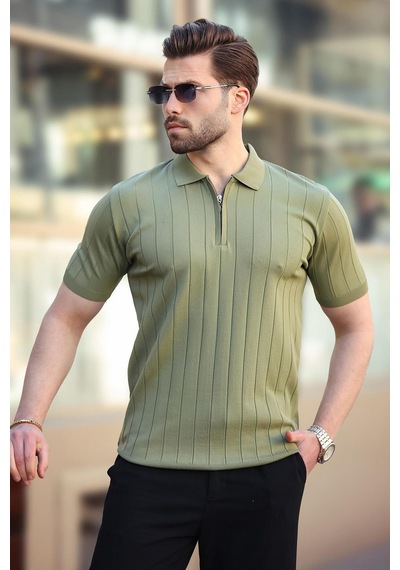 Madmext Madmext Haki Polo Yaka Fermuarlı Erkek T-shirt E7298 Haki