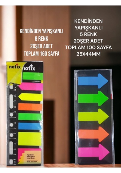 Ok Şekilli Yapışkanlı Kağıt Post-it 5 Renk X 20şer Sayfa + Notix Yapışkanlı Kağıt Seti