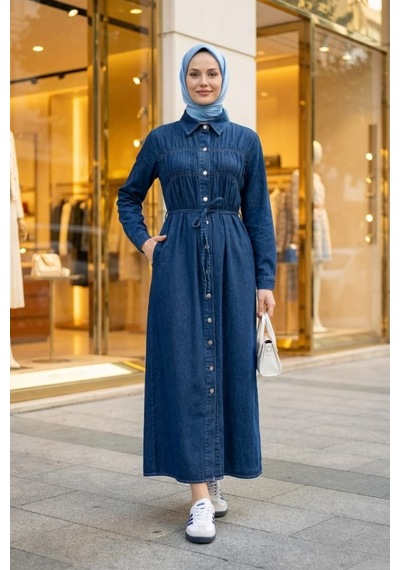 Hb Harma Time Butik Kadın Beli Bağcıklı Boydan Düğmeli Koyu Mavi Kot Tesettür Elbise