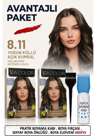 Sea Color Set Saç Boyası 8.11 Yoğun Küllü Açık Kumral 2 Li 2 Kutu+pratik Boya Kabı