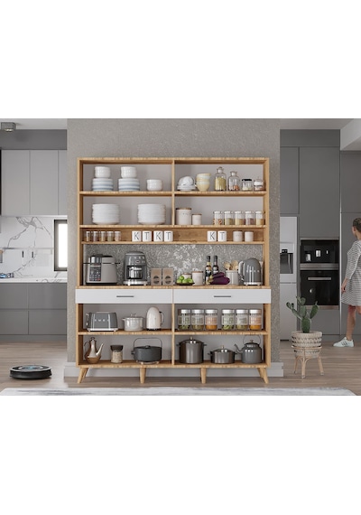 Denze Kahve Köşesi Çok Amaçlı Dolap Kiler Mutfak Dolabı Çam Beyaz 140 Cm Çam Beyaz
