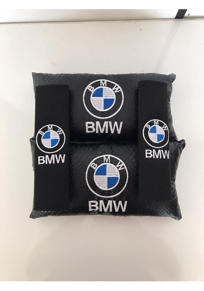 Bmw Nakışlı Deri 2 Adet Boyun Yastık Ve 2 Adet Kemer Pedi Siyah
