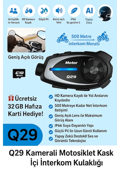 Q29 Kameralı Motosiklet İnterkom Kulaklığı Geniş Açılı Görüş Hd