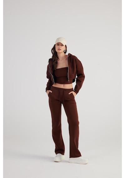 Holly Lolly Kadın Kahve Yüksek Bel Straight Kesim Şardonlu Mixed Eşofman Altı