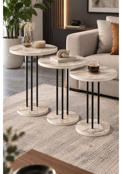 Sulorahome Metal Ayaklı 3'lü Zigon Sehpa Takımı Beyaz - Beyaz Mermer