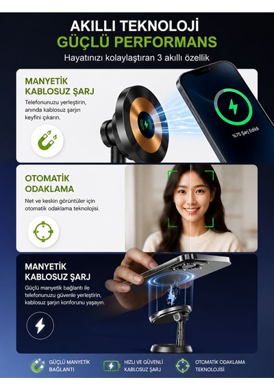 Aı Yüz Takipli Akıllı Gimbal 2000mah Kablosuz Şarjlı 360 Otomatik Dönen Telefon Tutucu