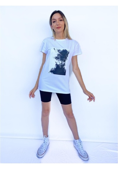 Kadın Women Face Baskılı Basic Beyaz Tshirt