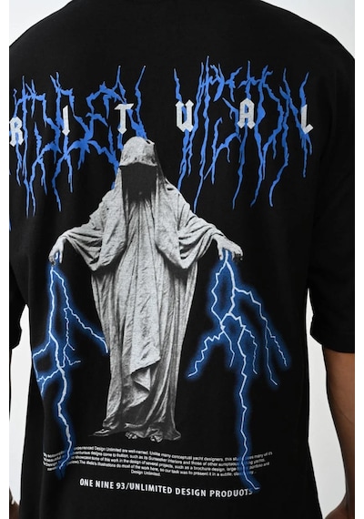 Assema Erkek Baskılı Oversize Kısa Kol T-shirt - Siyah Çok Renkli