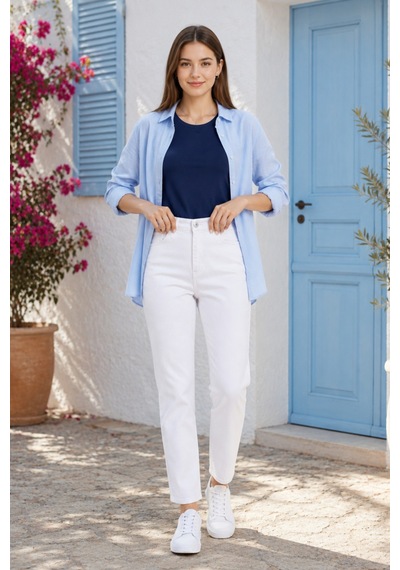 Woddi Kadın Beyaz Mom Jeans Yüksek Bel Denim Kot Pantolon