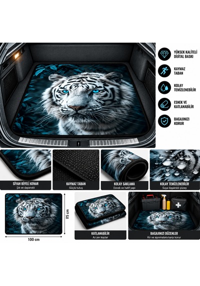 Kaplan Universal Oto Bagaj Halısı 75x100 Cm Kaymaz Tabanlı, Dekoratif Araç Bagaj Paspası