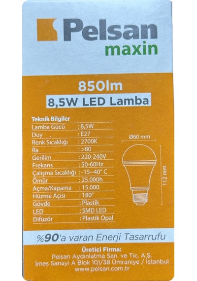 4 Adet Pelsan 8,5w 2700k Sarı Işık E27 Duylu Kalın Duy Led Ampul