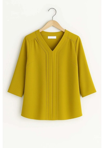 Hanezza Büyük Beden Şık V Yaka Nervur Detaylı Jessica Krep Bluz Olive - 4035099 Olive
