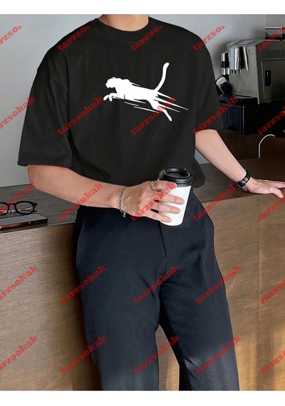 Startmore Unisex Jaguar Baskılı Tshirt Beyaz Siyah