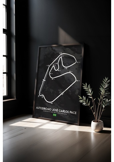 São Paulo F1 Pisti Ahşap Çerçeveli Tablo Brezilya Gp Dekor Poster Siyah