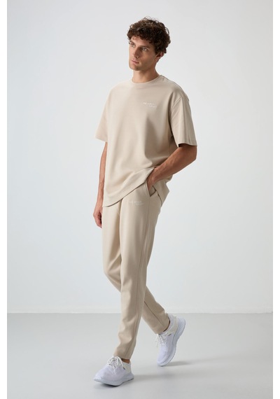Tommy Life Bej Pamuklu Kalın Yumuşak Dokulu Oversize Fit Nakışlı Erkek Eşofman Takım - 85252 Bej
