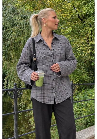 Seeh Gri Oversize Ekose Desenli Kadın Gömlek Sh334 Ekoseli