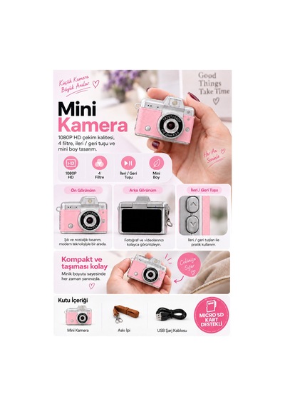 Mimtec Blm-110 Mini Retro Dijital Kamera - Flaşlı Katlanabilir Ekran 1080p Hd Video Selfie Vlog Kamerası Pembe