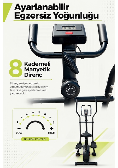 Flex 2'si 1 Arada Eliptik Kondisyon Bisikleti Nabız Ölçerli 8 Kademeli Dirençli Egzersiz Aleti Siyah