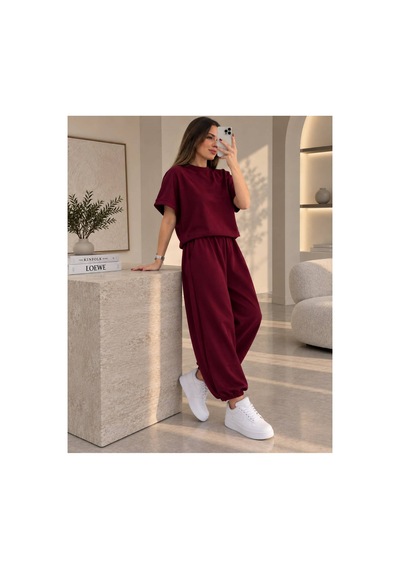 Öners Modal Dokulu Kısa Kol Şalvar Takım Bordo Bordo