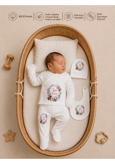 Pia Baby Kız Bebek 4 Parça Tulum Seti %100 Pamuk İsim Baskılı Kişiye Özel Hastane Çıkışı Battaniyeli 1069bt0x Ekru