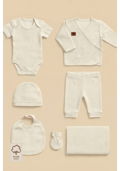 Minory Baby - %100 Pamuk 7'li Hastane Çıkışı Seti Yenidoğan 7'li Set Waffle Kumaş Ekru Ekru