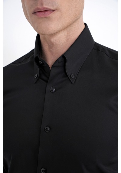 Slim Fit Düğmeli Yüksek Yaka %100 Pamuk Saten Düz Siyah Gömlek Gk 760