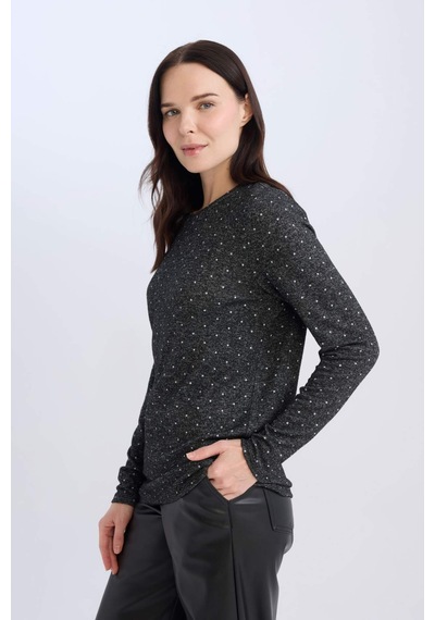 Defacto Gri Regular Fit Bisiklet Yaka Puantiyeli Uzun Kollu Tişört D7488ax24augr211 Gri