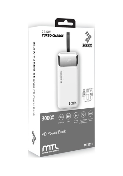 30000 Mah 22.5w Turbo Şarj Dahili Kablolu Dijital Led Göstergeli Pd Ve Qc 3.0 Powerbank Mt4330 Beyaz