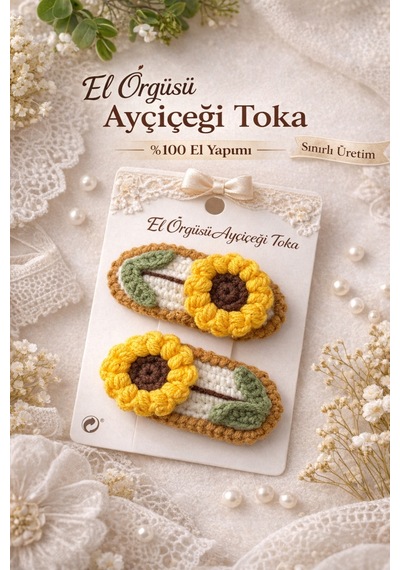 Adenya Sepeti El Emeği Örgü Ayçiçeği Toka 2'li Sarı