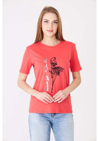 Sortie Collection Eteği Tül Detaylı Silüet Baskılı Basic Tshirt Mercan