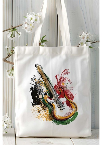 Art Hediye Elektrogitar Baskılı Bez Çanta Kişiye Özel Model 4 Çok Renkli