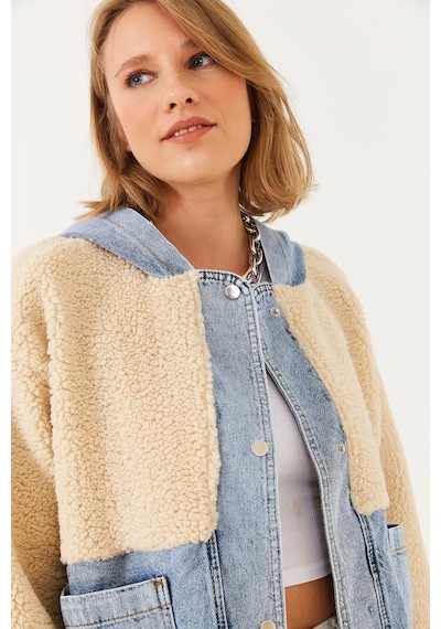 Shade Kadın Kapüşonlu Denim Detaylı Peluş Ceket 60251807 - Bej